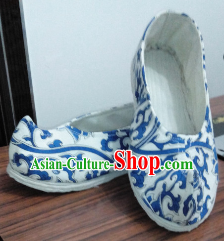 White Blue Chinese Ancient Handmade Traditional Bow Fabric Shoes for Women and Girls