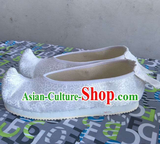 White Chinese Ancient Handmade Traditional Bow Fabric Shoes