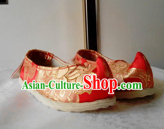 Red Chinese Ancient Handmade Traditional Bow Fabric Shoes for Women and Girls
