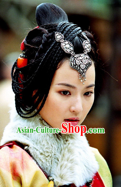 Ancient Traditional Chinese Ethnic Style Lady Black Long Wig Wigs and Headpieces for Women Girls