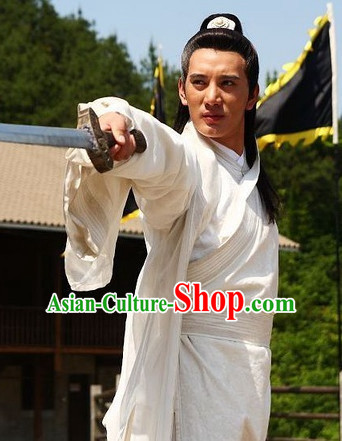 Ancient Chinese Style Samurai Costumes Dress Authentic Clothes Culture Traditional National Clothing and Headpieces Complete Set for Old Men