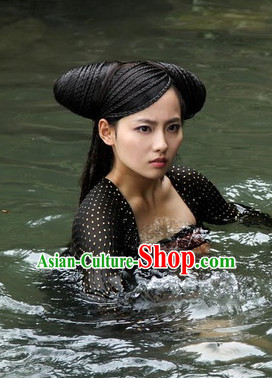 Traditional Ancient Chinese Style Fairy Long Black Full Wig Headpieces Set for Women