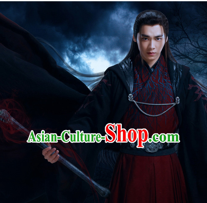 Traditional Ancient Chinese Style Knight Black Full Wig Set for Men Teenagers Boys