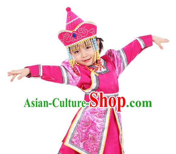 Chinese Traditional Ethnic Mongolian Clothes and Hat Complete Set for Girls
