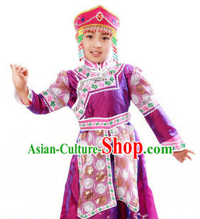 Chinese Traditional Ethnic Mongolian Suit and Hat Complete Set for Girls