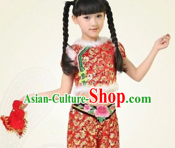 Chinese Competition Handkerchief Fan Dance Dress for Children Girls
