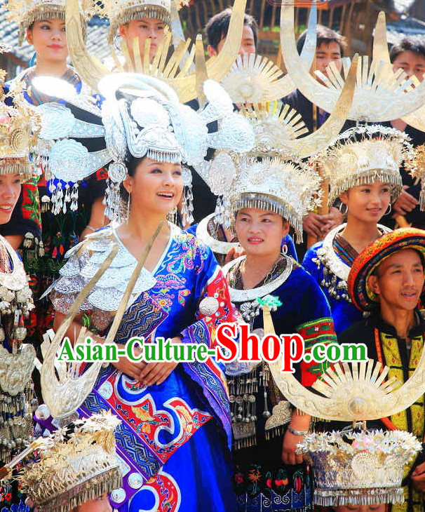 Top Chinese Traditional Miao Ethnic Clothing and Silver Hat Complete Set for Women or Girls