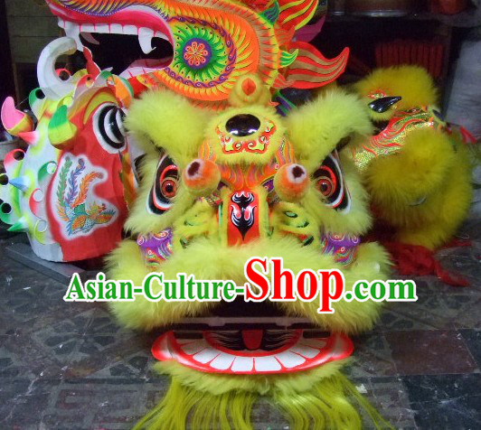 Top Yellow Chinese Classic 100_ Natural Long Wool Fut San Style Lion Dance Costumes Complete Set