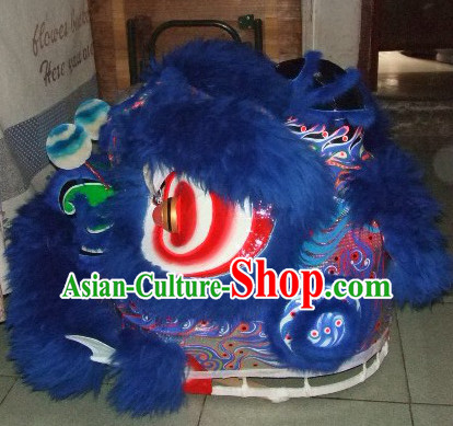 Top Deep Blue 100_ Natural Long Wool Chinese Traditional Futsan Style Lion Dancing Uniforms Complete Set