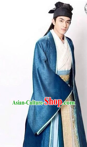 Ancient Chinese Male Hanfu Clothing Garments and Hat Complete Set for Men