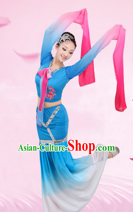Chinese Traditional Stage Water Sleeves Dance Dancewear Costumes Dancer Costumes Dance Costumes Clothes and Headdress Complete Set for Children