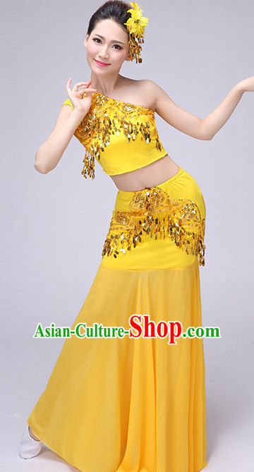 Yellow Chinese Traditional Stage Dai Minority Ethnic Dance Dancewear Costumes Dancer Costumes Dance Costumes Clothes and Headdress Complete Set for Women