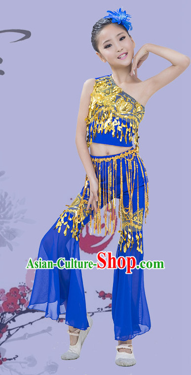 Blue Chinese Traditional Stage Dai Minority Ethnic Peacock Dance Dancewear Costumes Dancer Costumes Dance Costumes Clothes and Headdress Complete Set for Girls Kids