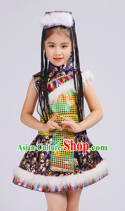 Chinese Traditional Stage Tibetan Minority Ethnic Dance Dancewear Costumes Dancer Costumes Dance Costumes Clothes and Headdress Complete Set for Girls Kids