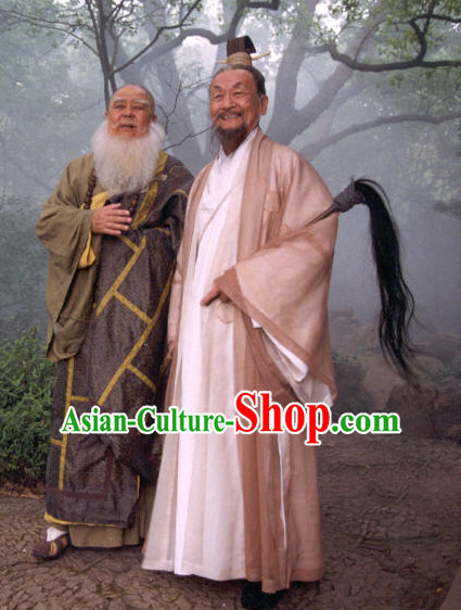 Chinese Ancient Male Taoist Costumes and Horsetail Whisk Complete Set