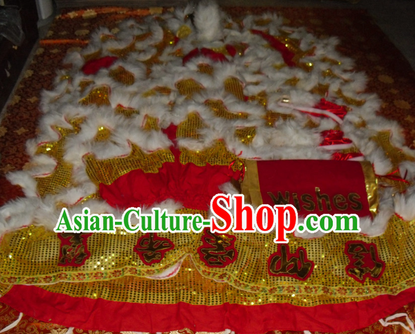 Gold Color White Wool Top Asian Chinese Lion Dance Pants Claws Tail Body Costumes Set