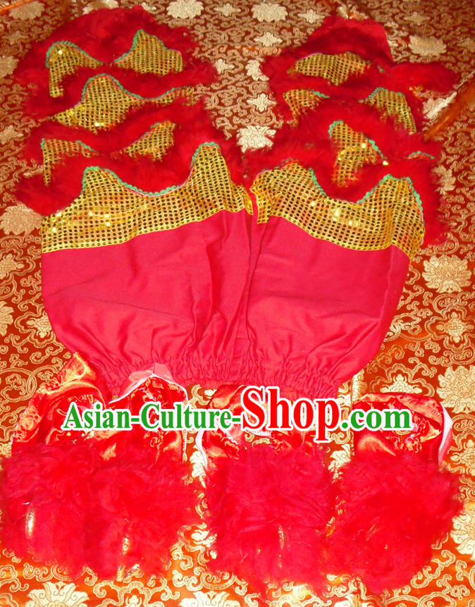 Gold Color Red Wool Top Asian Chinese Troupe Performance 2 Pairs of Lion Dance Pants and Claws