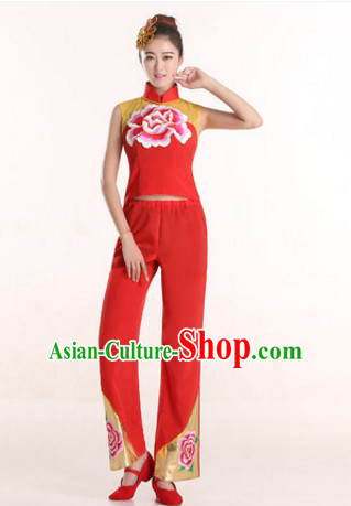 Sleeveless Chinese New Year Fan Dance Costumes and Headdress Complete Set for Women