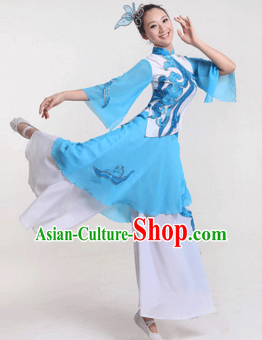 Blue Chinese Folk Fan Dancewear and Headdress Complete Set for Women