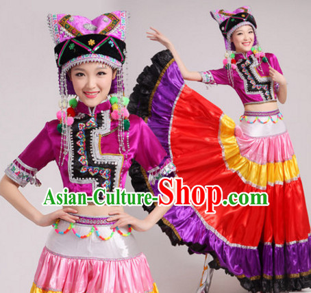Purple Chinese Traditional Ethnic Minority Dance Costumes Dancing Outfits and Hat Complete Set for Women or Girls