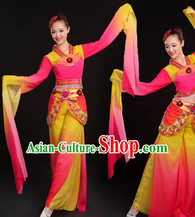 Long Sleeves Chinese Classical Dance Costumes Dancing Outfits and Hair Jewelry Complete Set for Women or Girls