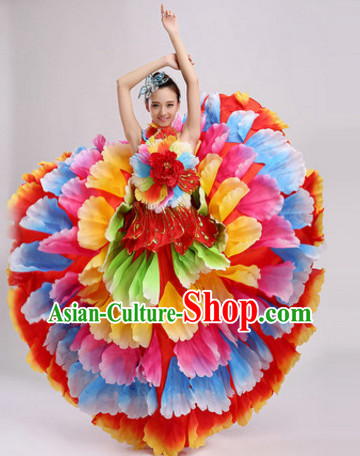 Chinese Stage Performance Colorful Flower Dance Costumes and Headdress Complete Set for Women