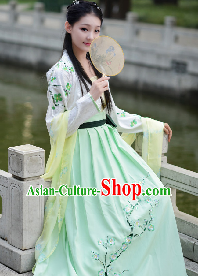 White Green Chinese Han Dynasty Clothing and Headdress Complete Set for Women