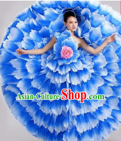 Blue Chinese Flower Petal Dance Costumes and Headdress Complete Set for Women