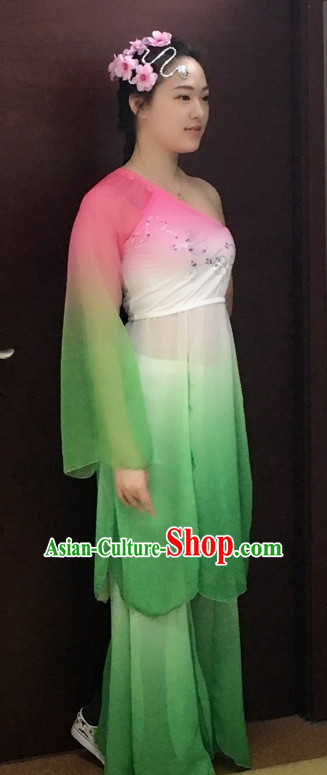 One Shoulder Chinese Stage Performance Classical Dancing Costumes and Headdress Complete Set for Women Girls