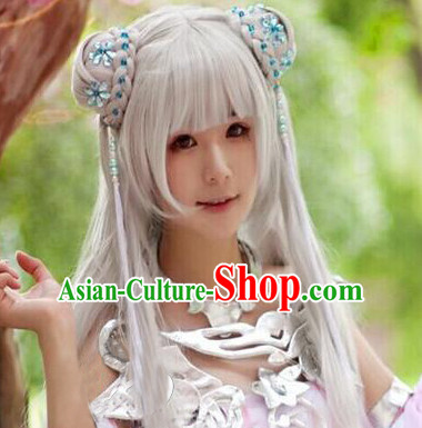 Chinese Ancient Female Style White Long Wigs