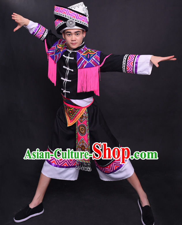 Chinese Chuang Group the Zhuang Nationality Folk Dance Ethnic Wear China Clothing Costume Ethnic Dresses Cultural Dances Costumes Complete Set for Men