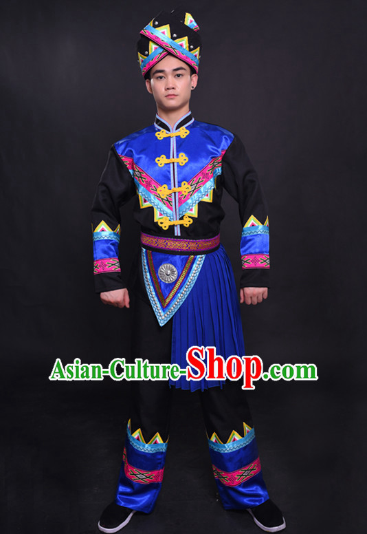 Chinese Chuang Group the Zhuang Nationality Folk Dance Ethnic Wear China Clothing Costume Ethnic Dresses Cultural Dances Costumes Complete Set for Men Boys