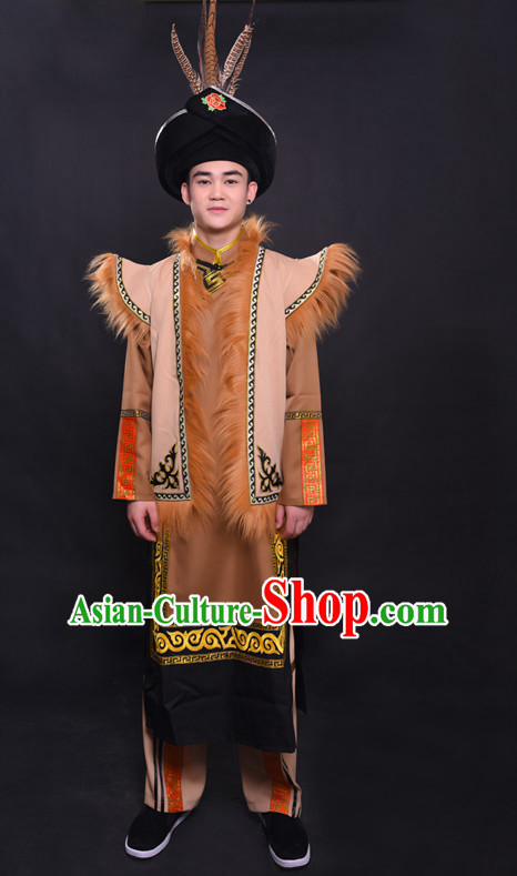 Chinese Qiang Nationality Folk Dance Ethnic Wear China Clothing Costume Ethnic Dresses Cultural Dances Costumes Complete Set for Men Boys