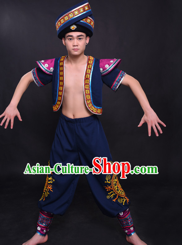 Chinese Chuang Group the Zhuang Nationality Folk Dance Ethnic Wear China Clothing Costume Ethnic Dresses Cultural Dances Costumes Complete Set for Men Boys