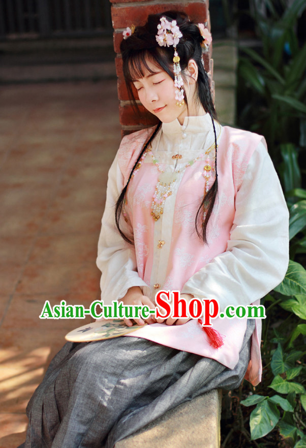 Traditional Chinese Pink Ming Dynasty Hanfu Suits Clothes Dresses Skirt and Hair Jewelry Complete Set for Women