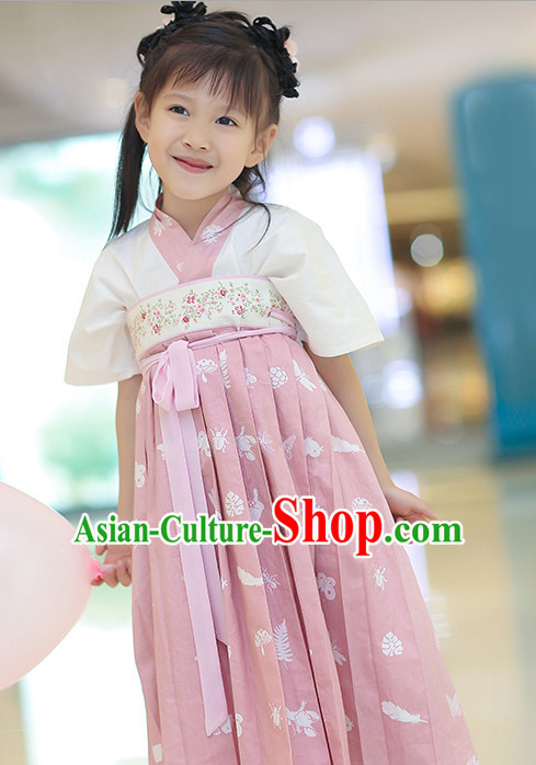 Chinese Traditional Dress Hanfu Costume China Kimono Robe Ancient Chinese Clothing National Costumes Gown Wear and Head Jewelry for Kids Children Girls