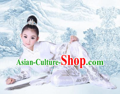 Chinese Traditional Dress Hanfu Costume China Kimono Robe Ancient Chinese Clothing National Costumes Gown Wear and Head Jewelry for Kids Children Boys