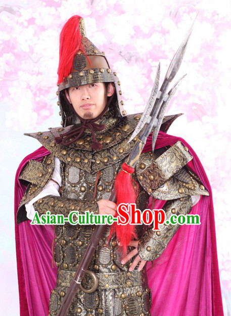 Chinese Traditional Body Armor Dress Hanfu Costume China Kimono Robe Ancient Chinese Clothing National Costumes Gown Wear and Head Jewelry for Men
