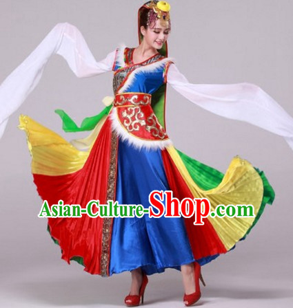 Chinese Tibetan Dance Costumes Traditional Chinese Clothing Dress Dancewear Dance Clothes Outfits Dresses Complete Set for Women