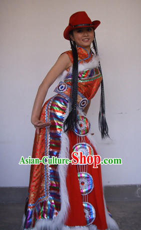Chinese Tibetan Folk Dance Ethnic Dresses Traditional Wear Clothing Cultural Dancing Costume Complete Set for Women