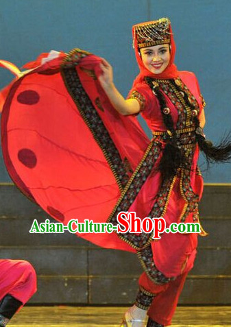 Chinese Xinjiang Folk Ethnic Dance Costume Traditional Minority Clothing National Costumes and Headwear Complete Set for Women