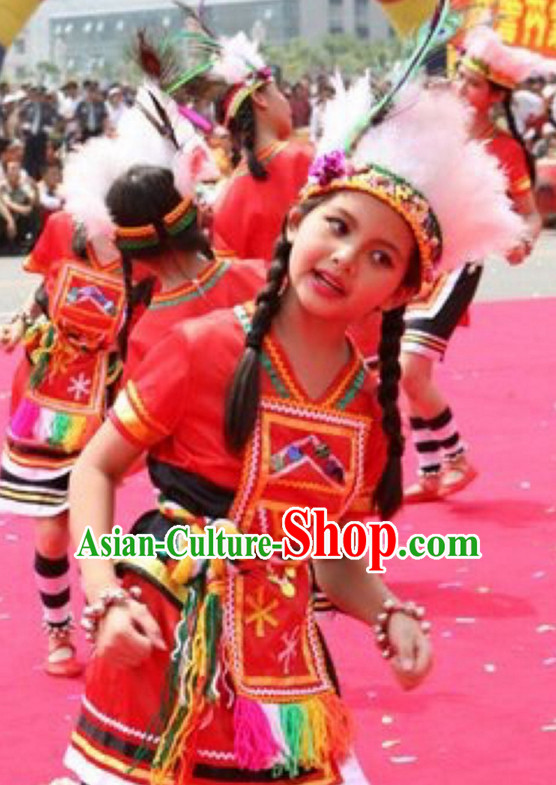 Chinese Gaoshan People Folk Dance Ethnic Dresses Traditional Wear Clothing Cultural Dancing Costume Complete Sets for Women