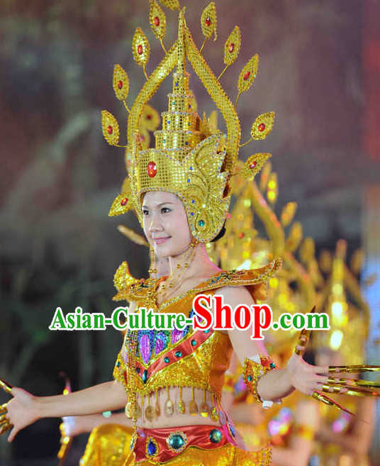 Traditional Thailand National Dance Costumes and Hat Complete Set for Women
