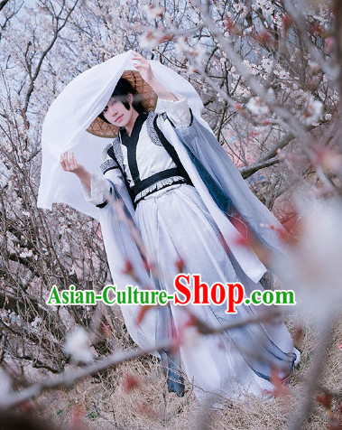 Ancient Chinese Jianghu Swordman Costume Clothing and Straw Hat Complete Set for Women or Men
