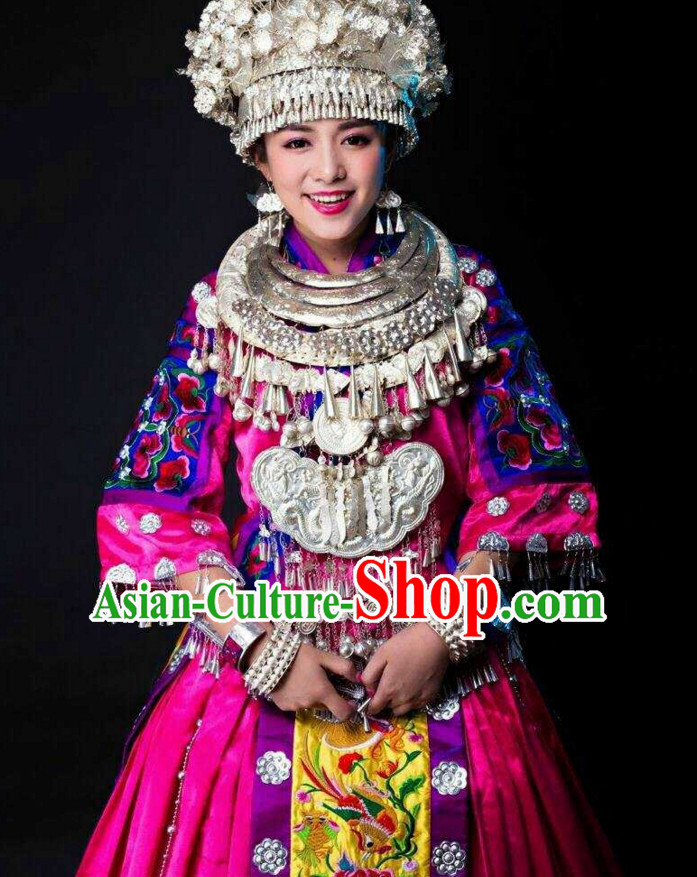 Traditional Chinese Hmong Singer Costumes Miao Dress Asian Ethnic Clothing National Costume Attire and Silver Hat Complete Set for Women