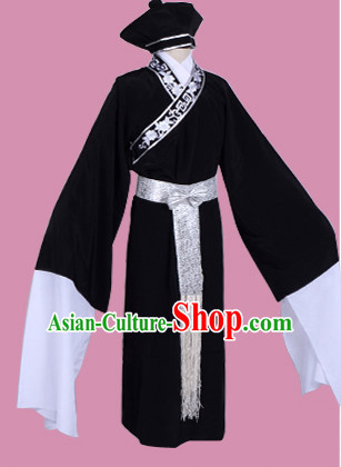 Black Chinese Opera Costumes Huangmei Opera Stage Performance Costume Chinese Traditional Costume Drama Costumes and Hat Complete Set for Men