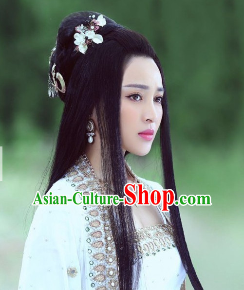 Chinese Ancient Handmade Hair Jewelry and Black Long Wigs for Women