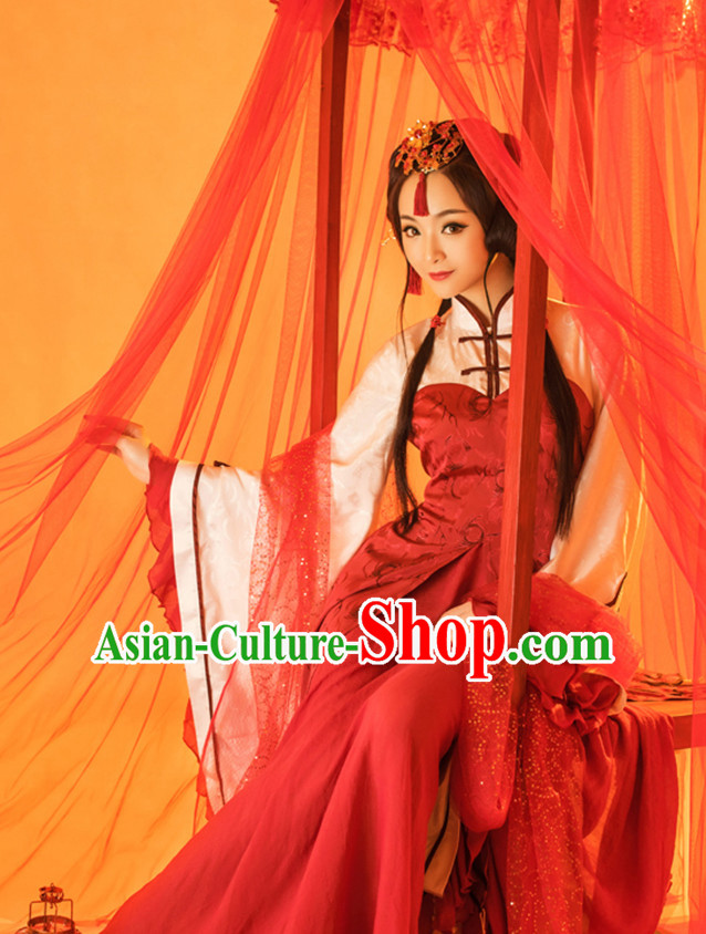 Ancient Chinese Bride Girls Lady Hanfu Dress Hanbok Kimono Cosplay Costume Traditional Dresses and Headpieces Complete Set