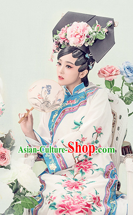 Top Qing Dynasty Princess Cheongsam Silk Qipao Hanfu Dress Hanbok Kimono Cosplay Costume Traditional Dresses and Hat Complete Set