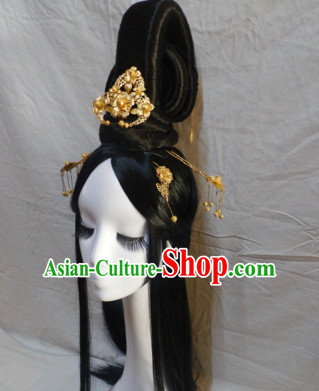 Chinese Classic Lady Black Long Wigs Headwear Crowns Hats Headpiece Hair Accessories Jewelry Set